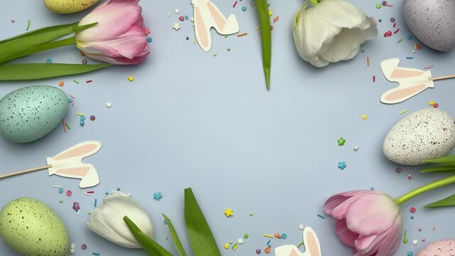 Easter eggs and tulips forming a circle on a pastel blue background