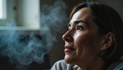 Thoughtful woman exhaling smoke near a window for blogs, websites, wellness articles, mental health awareness, lifestyle content, presentations, and emotional wellbeing resources