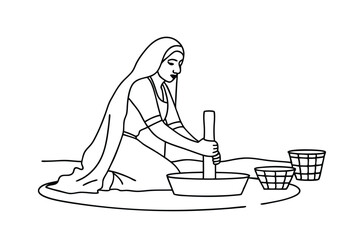 Woman grinding spices, traditional Indian mortar, pestle, kitchen, rural, food preparation, handgrin