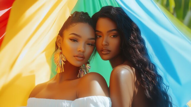 Two beautiful women pose together under colorful fabrics.