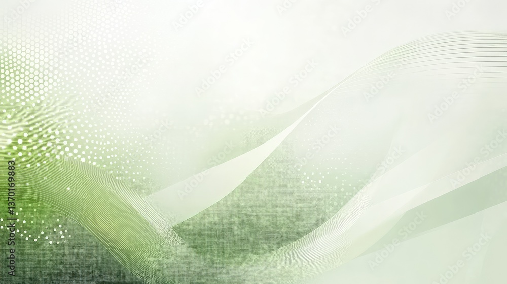Poster abstract green background with soft waves and dotted patterns, creating a tranquil and modern atmosp