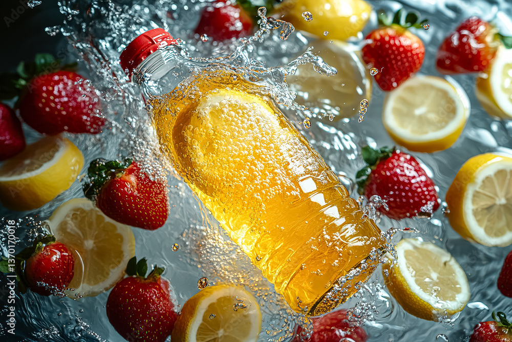 Poster bottle of lemonade is splashing in a pool of water with strawberries and lemons floating around it