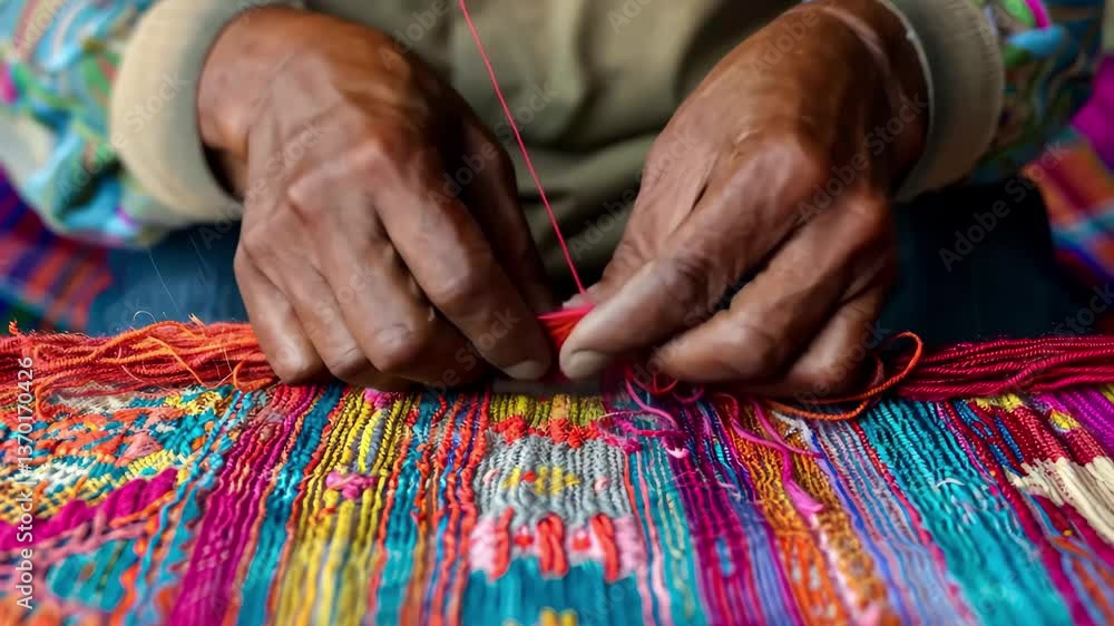 Poster skilled artisan weaving colorful textiles with intricate patterns during daylight hours in a traditi