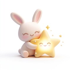 Cute rabbit hugging a glowing star.  A heartwarming 3D illustration of a pastel-colored rabbit cuddling a luminous star