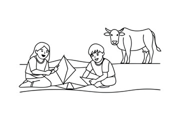 Children Building Sandcastle, Playing Together, Rural Scene, Cow, Summer Fun, Beach, Sand, Kite, Sim