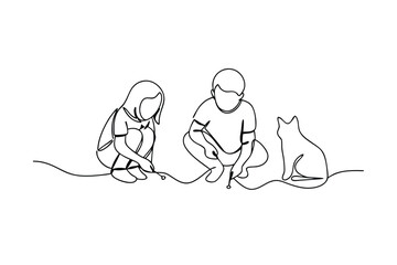 Children Playing with Cat, Line Art, Simple Drawing, Outdoor Fun, Childhood, Innocence, Friendship, 
