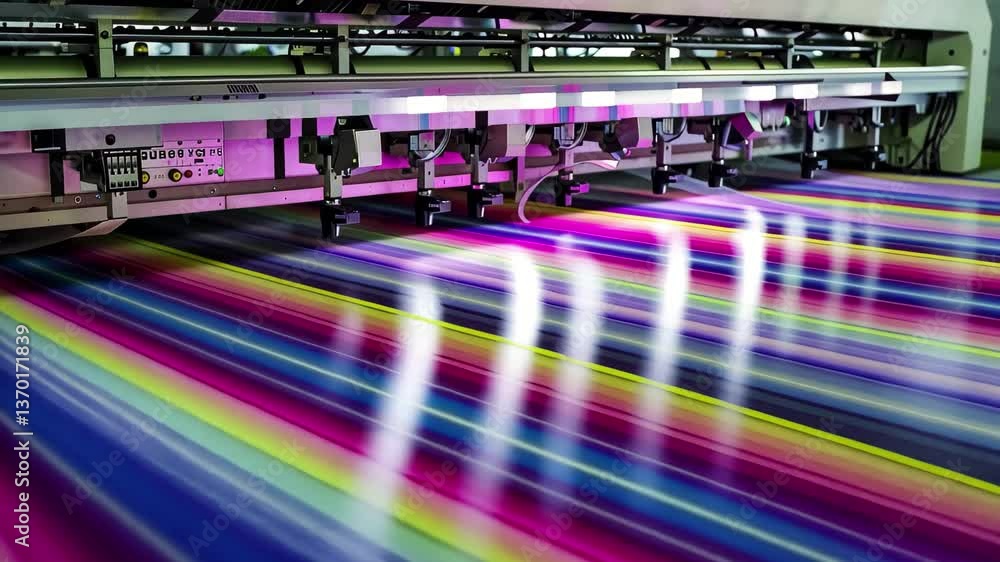 Poster advanced printing technology in action at a bustling printing facility with vibrant colors being app