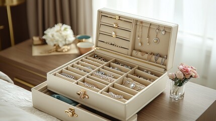 Fototapeta premium Elegant Jewelry Box Overflowing with Sparkling Accessories and Gems