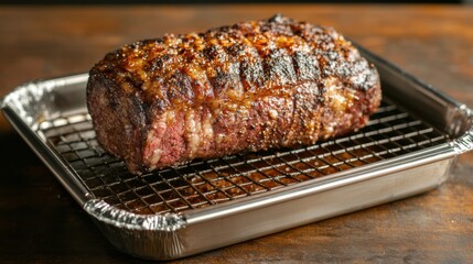 Sizzling roast beef cooking kitchen food photography warm environment close-up view culinary delight