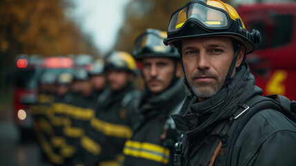 Obraz premium Group portrait of firefighters in protective gear during an emergency response.