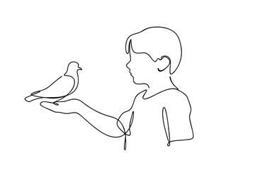 Boy Holding Dove OneLine Drawing, Peace, Kindness, Nature, Innocence