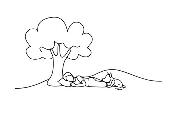 Oneline drawing Person sleeping under tree with dog