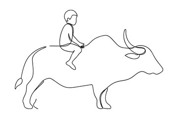 Child Riding Water Buffalo SingleLine Drawing, Asian Rural Scene