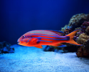 Obraz premium A vibrant coral fish swimming gracefully through a colorful coral reef, showcasing its beautiful fins and bright hues.