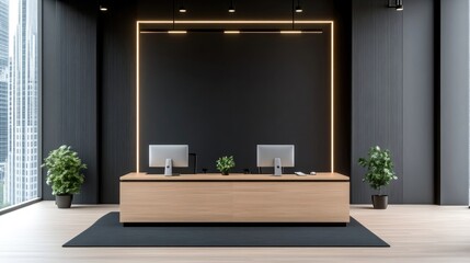 Modern office reception desk with minimalist design.  A contemporary reception area features a light wooden reception desk with two computer monitors. The dark gray walls, floors,