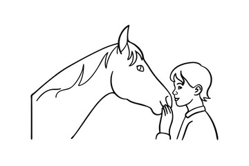 Childs Gentle Affection for a Horse Line Drawing Illustration