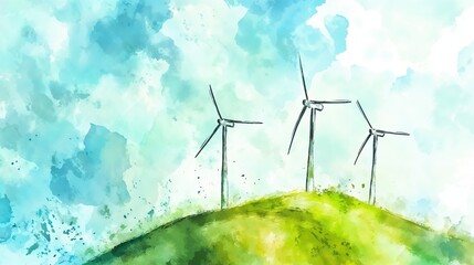 Wind turbines on a green hill with a dynamic watercolor sky