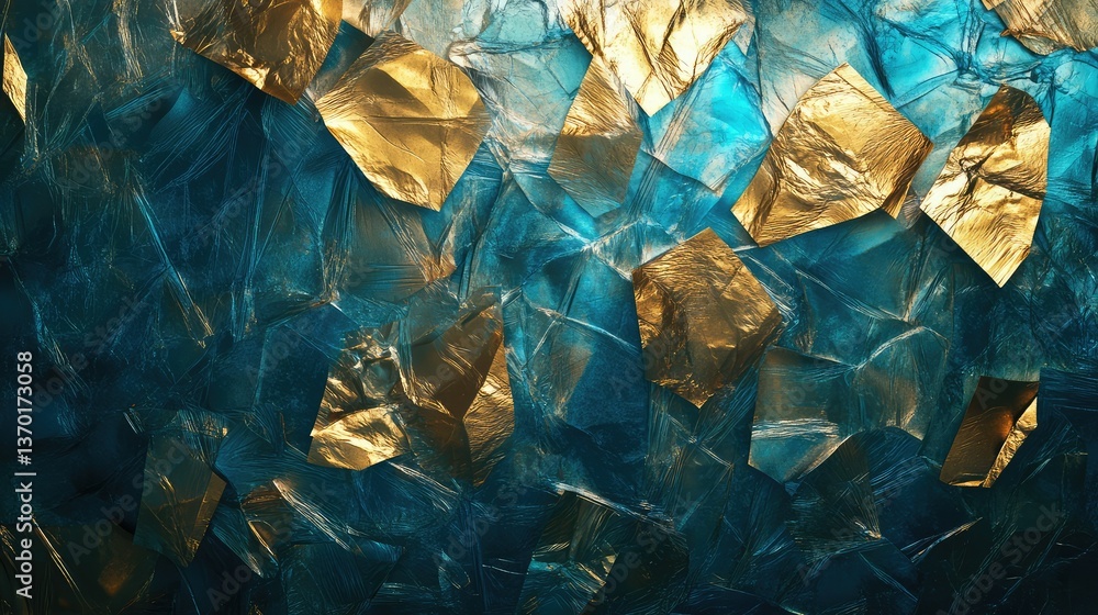 Aufkleber abstract composition featuring irregular gold shapes on a turquoise background with reflections and 