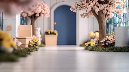 Charming Spring Pathway Cardboard Boxes Near Blooming Cherry Trees and Yellow Flowers