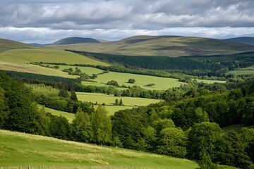 Green valley landscape under cloudy sky, trees, fields, & distant hills