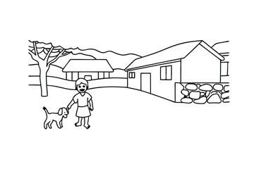 Naklejka premium Girl Walking Dog Rural Farm Landscape Line Drawing Simple Scene