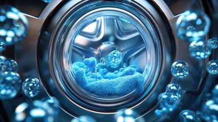 Interior with washing machine and soap bubbles, realistic automatic washing machine with a front loading with blue soup bubbles,Realistic illustration,Home appliance concept.
