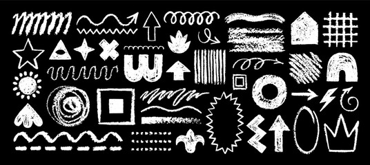 Chalk line brush. Hand drawn element. Arrow, check, stroke, square. Vector icon chalkboard. Pencil sketch scribble. Crayon marker texture. Abstract chalk board design blackboard. Kid line shape figure