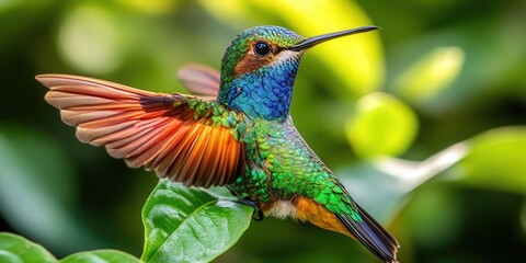 Vibrant hummingbird with iridescent plumage perched in lush greenery, showcasing its vivid colors.