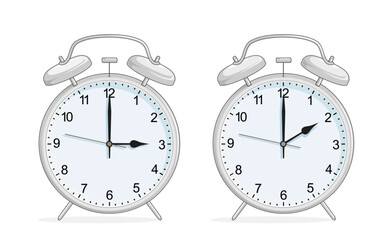 Zwei Wecker mit Zeitumstellung, folgt die Winterzeit,
Vektor Illustration isoliert auf wei&szlig;em Hintergrund