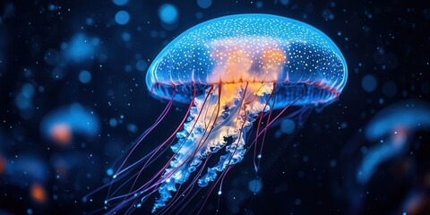 Fototapeta premium A glowing jellyfish gracefully floats in the dark ocean, illuminated with vibrant blue and orange hues.