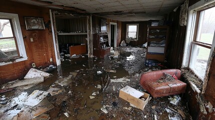 Abandoned and Flooded Room with Debris and Water Accumulation