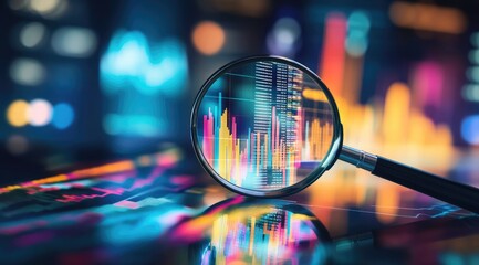 Data Analysis with Magnifying Glass on Digital Charts Reflecting City Lights in Blue and Yellow Bokeh