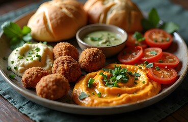 Fototapeta premium A Lebanese style mezze plate with fried chicken bites hummus tabbouleh and warm pita bread
