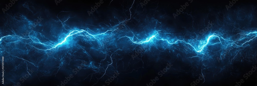 Poster dazzling blue energy stream flowing on dark background with glittering particles creates cosmic ener