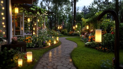 Fototapeta premium Enchanting Evening Garden Path with LED Candles and Flowers Stone Pathway Illumination