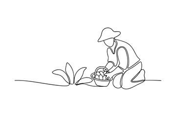 Singleline drawing farmer harvesting crops in a garden