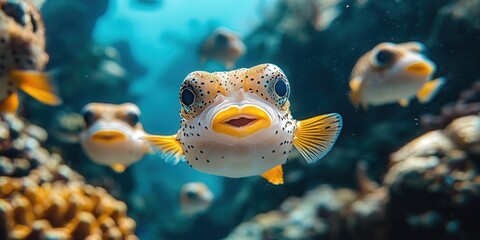 Close-up of curious pufferfish swimming in a vibrant coral reef underwater.