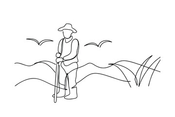 Singleline Drawing of a Farmer in a Rural Field