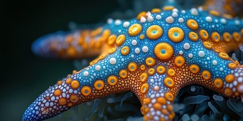 Vivid starfish with intricate patterns and bold colors against a dark underwater backdrop.