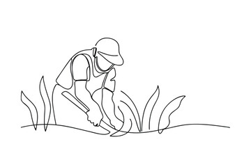 Singleline drawing farmer tilling soil, agricultural work, rural scene