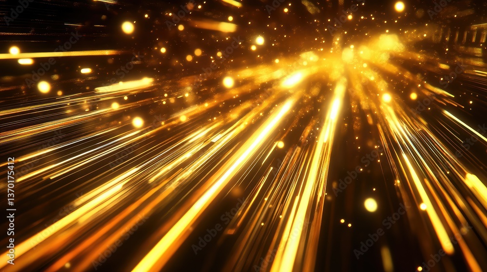Poster dynamic burst of golden light rays captured in a stunning abstract image featuring sparkling particl