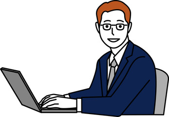 顔が正面向きの横から見たパソコンを操作する男性