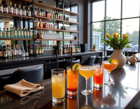 Colorful cocktails displayed on bar counter in modern lounge with bright windows during afternoon gathering
