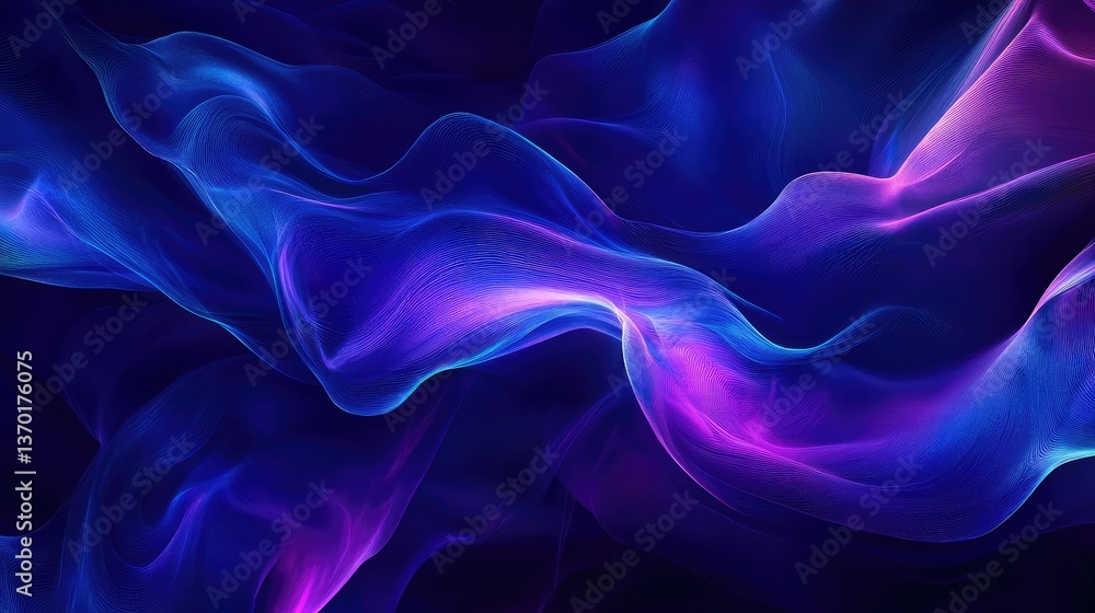 Poster vibrant abstract waves in blue and purple with smooth flowing lines and ethereal light effects for c