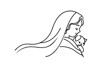 Tender Girl, Gentle Kitten, Long Hair, Profile View, Line Art, Simple Drawing, Black and White, Lovi