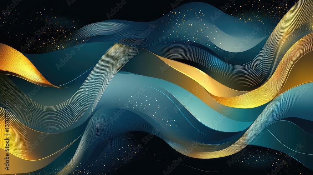 Poster abstract waves in blue and gold with flowing lines and sparkling effects ideal for backgrounds and d