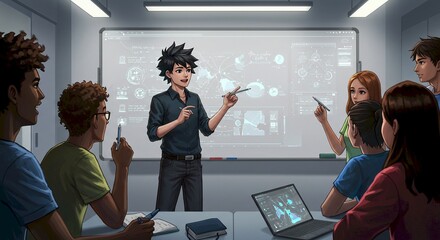 Young Team Brainstorming Global Strategy on Interactive Whiteboard