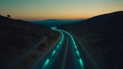 Scenic highway at dusk with glowing lights winding through mountains landscape view