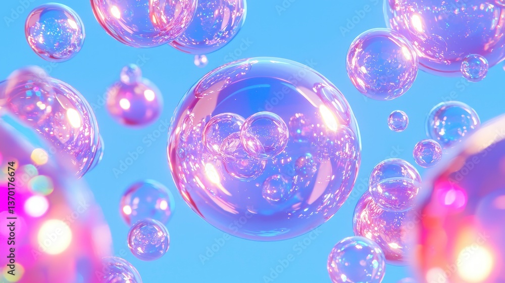 Poster iridescent bubbles floating in a light blue sky abstract background image