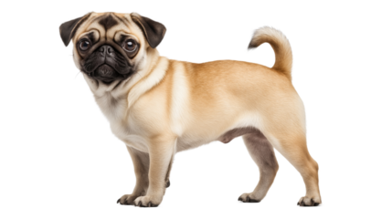 Full body shot of fawn pug standing sideways isolated on transparent background